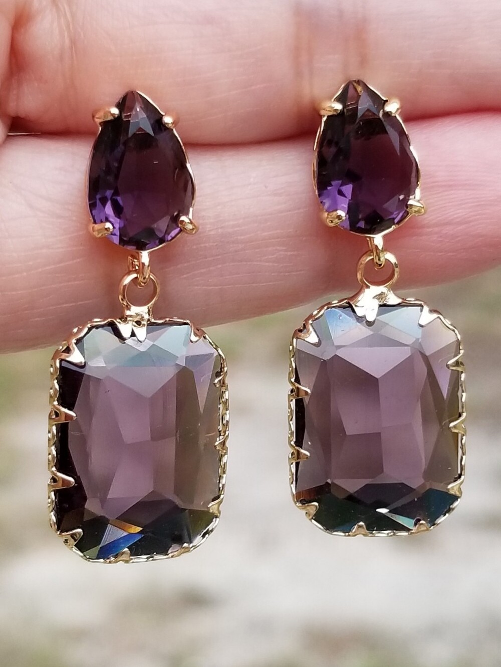 14k Gold Amethyst Stud Earrings, Rectangular Amethyst Dangle Earrings